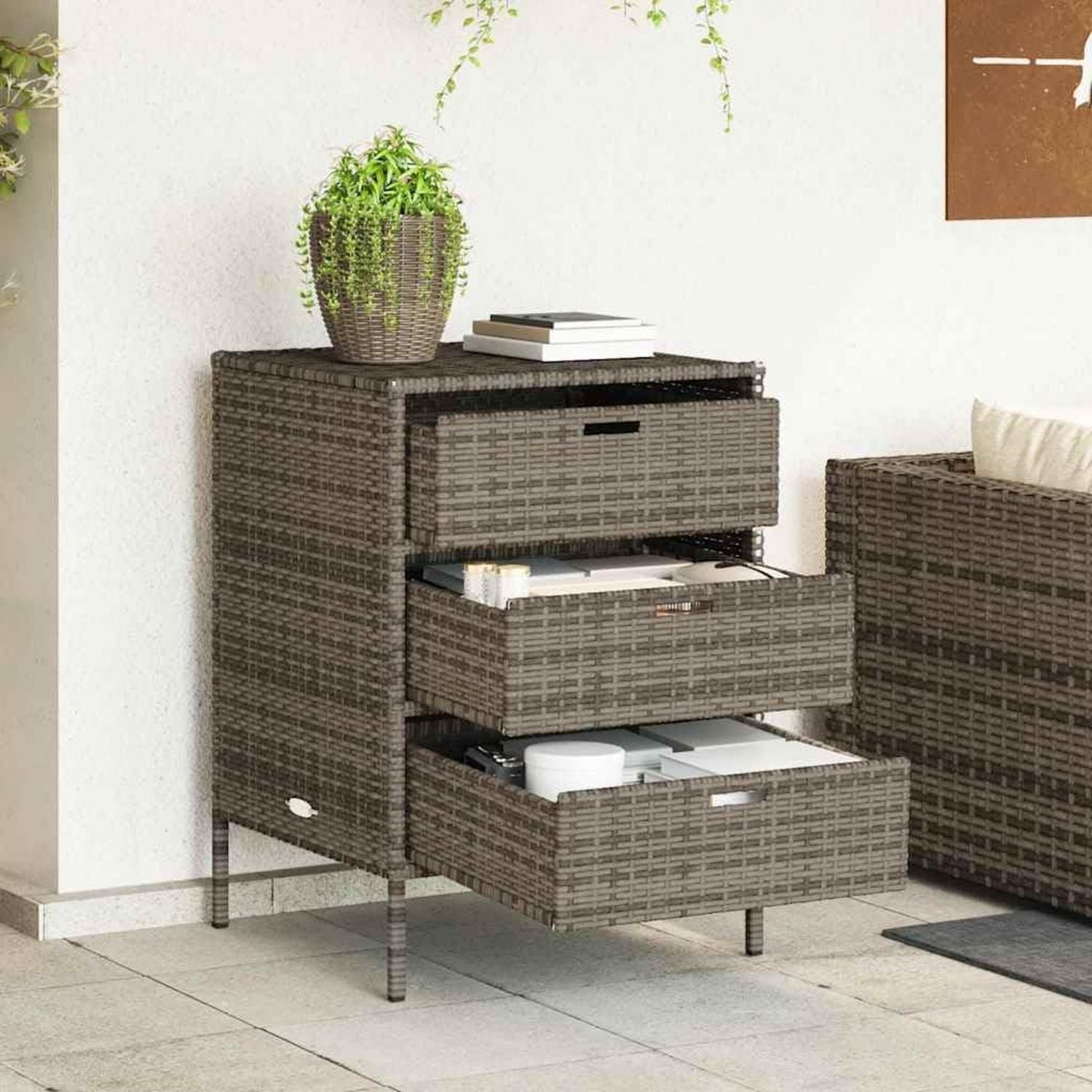 Armadio da giardino in polyrattan 55 59 80 cm contenitore in acciaio verniciato a polvere resistente alle intemperie con 3 cassetti telaio x x grigio per esterni per terrazza balcone e