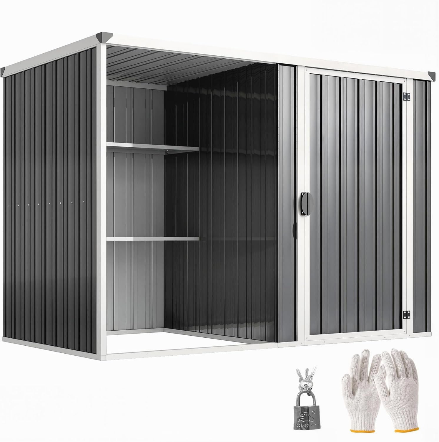 Outsunny Casetta da Giardino 2.7m² Layout Diviso 2 Ripiani Grigio Scuro Acciaio Zincato Capanno da Giardino Porta Attrezzi Porta Bloccabile con Chiavi Tetto Inclinato