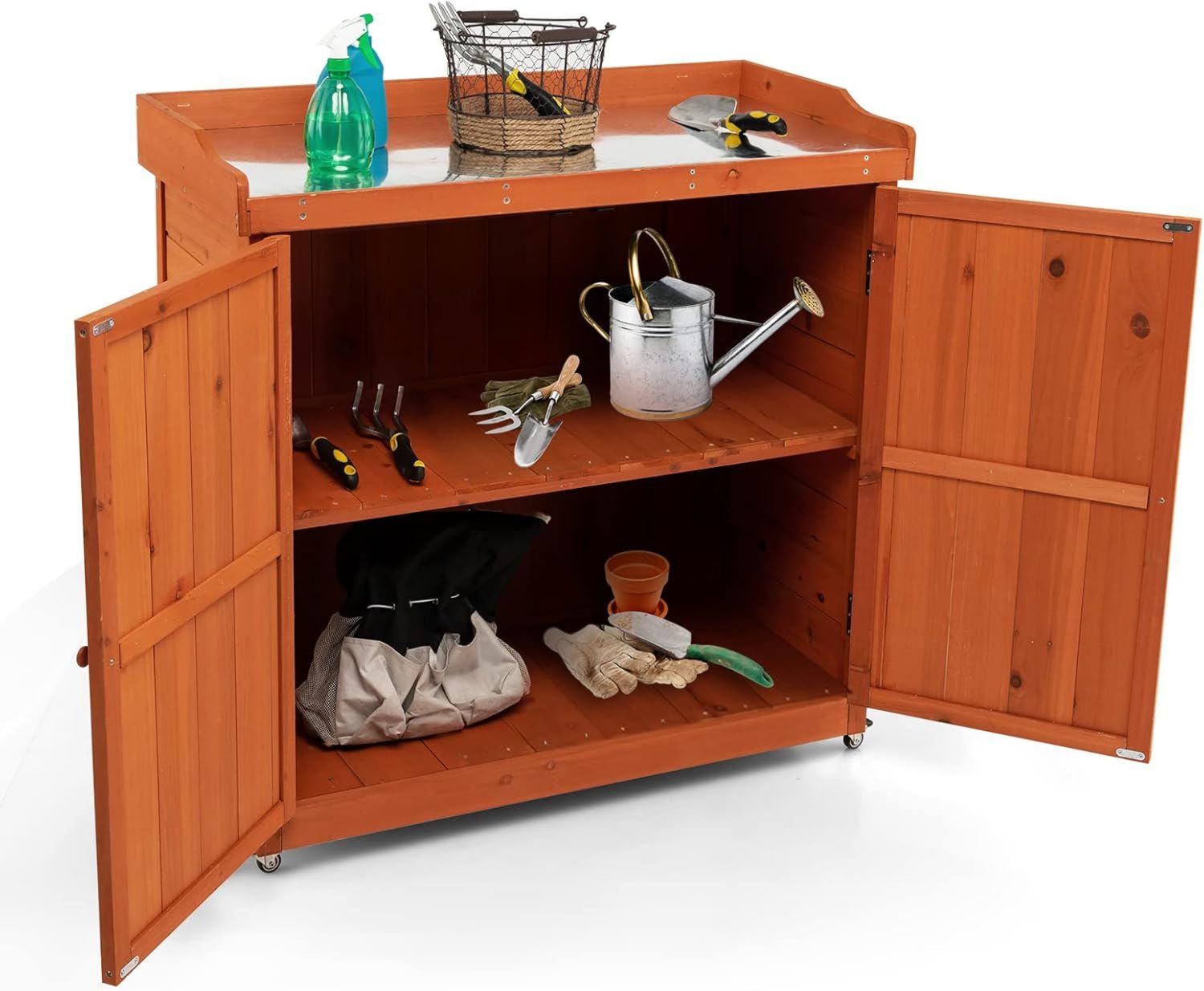 Armadietto in di Abete Rifugio con 4 Ruote Universali e Ripiano Rimovibile GYMAX 5 x 48 x 100 Legno per Attrezzi per Attrezzi per Giardino Cortile Garage 98