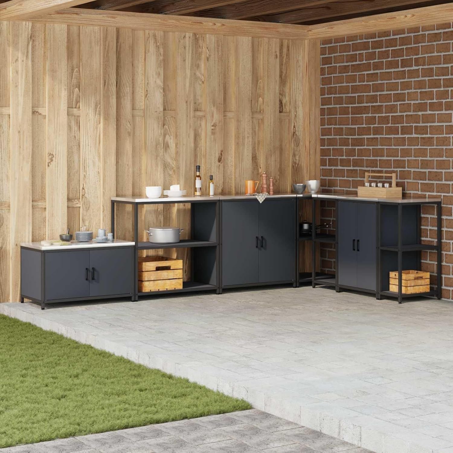 Contenitore Outsunny Cassapanca da Giardino 4 Ripiani cm di Abete Traliccio Integrato Da Esterno Impermeabile Chiusura Magnetica 80 x 45 x 160 Legno Legno