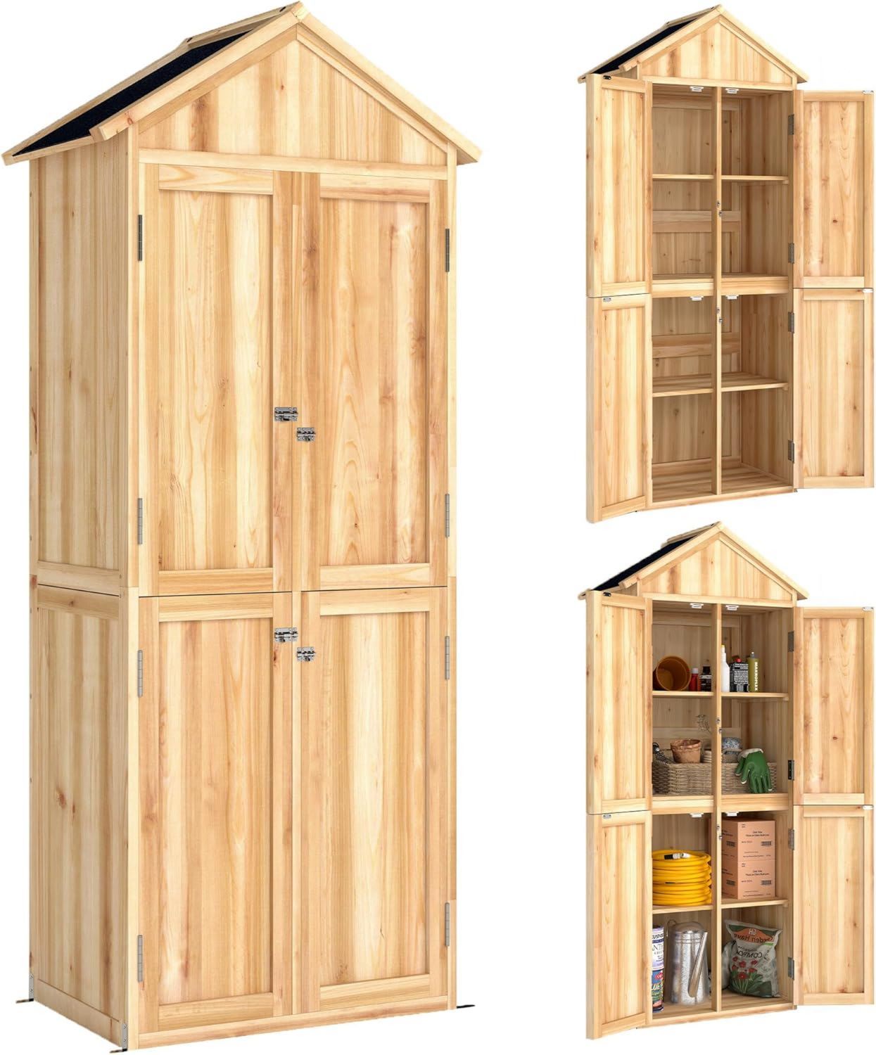 Armadio Outsunny da Giardino da Esterno Antiribaltamento cm di Abete Casetta Porta Attrezzi Ripiani Rimovibili 4 Ante Bloccabili Tetto in Asfalto Inclinato Color 82 x 50 x 190 Legno