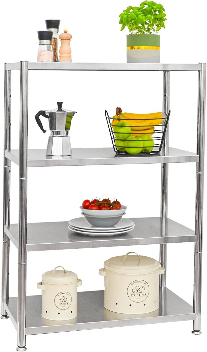 Portaoggetti Scaffale in Acciaio 4 Ripiani 160kg Metallo Ripostiglio da Interno Cucina Esterno Scaffalatura Metallica Componibile Portaoggetti Inox 74 x 41 x