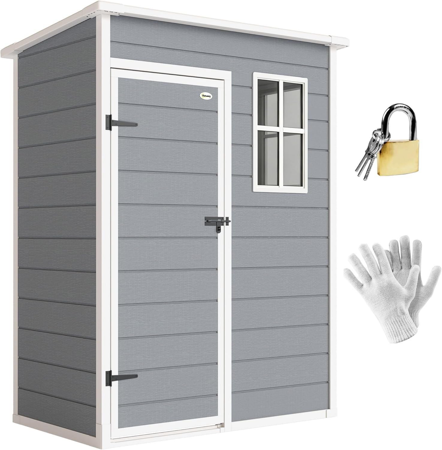 Outsunny Casetta da Giardino 1.14m² in PP e Alluminio con Pavimento Grigio Capanno da Giardino Porta Attrezzi Singola Porta Bloccabile Presa d Aria Finestra Tetto Inclinato